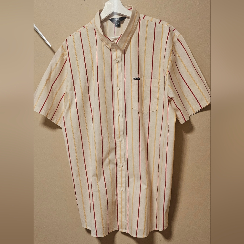 Volcom Short Sleeve Button Down Classic Fit Beige Striped Shirt - Men's XXL